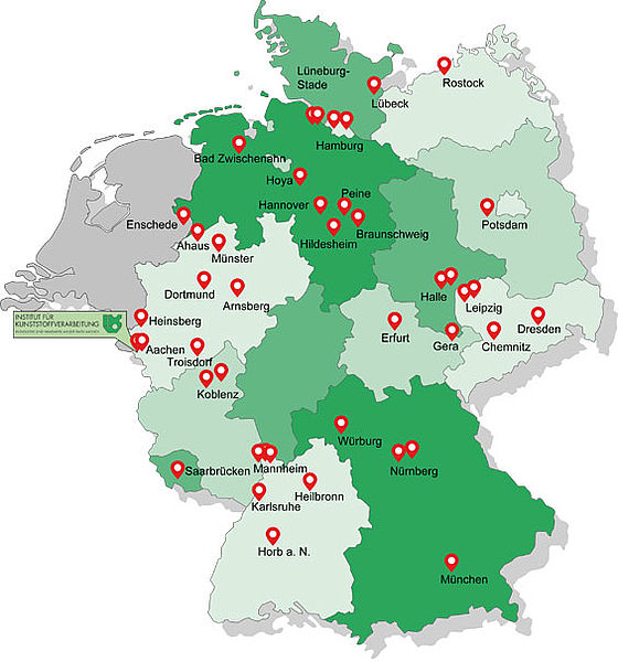 Standorte der 43 Kunststoff-Kursstätten in Deutschland
