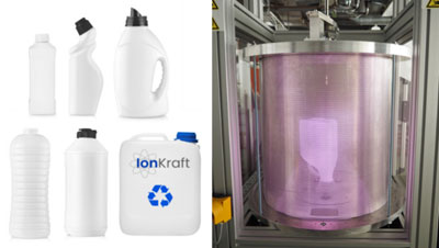 Dank Plasmatechnologie recyclingfähige Behälter von 1 – 10 L (links), Plasma in 10 L Kanister in Prototyp der IonKraft-Beschichtungsanlage „IonOne“